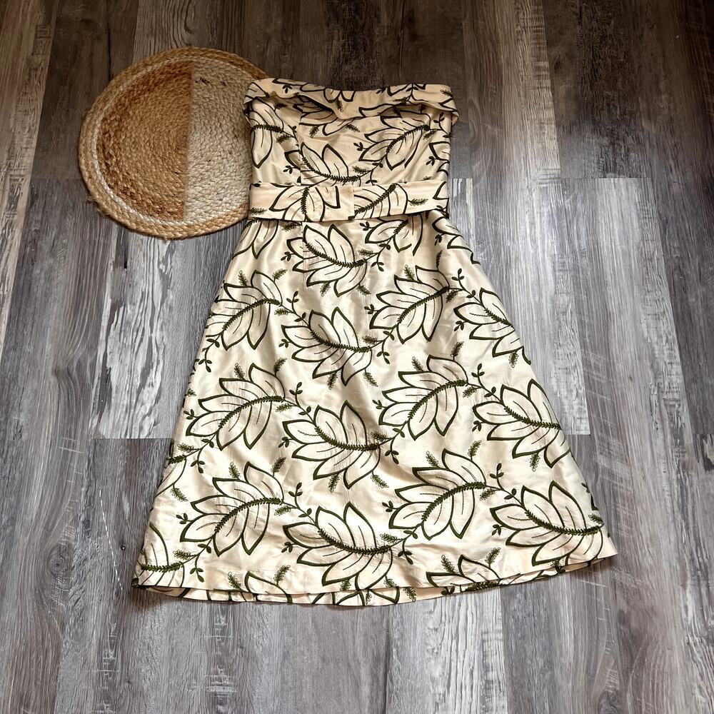 CK BRADLEY New York Silk Strapless Dress Floral Embroidered A-Line Green Ivory